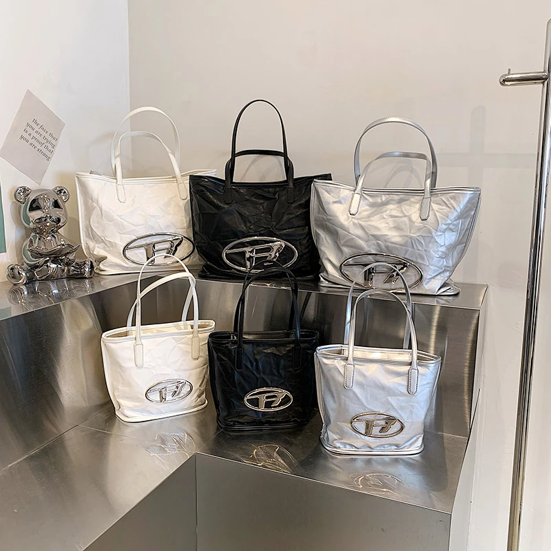 Designer Silver Bucket Handbag Woman Luxury Simple PU Women's Tote Bag Fashion Large Capacity Shopping Shoulder Bag Female 2023