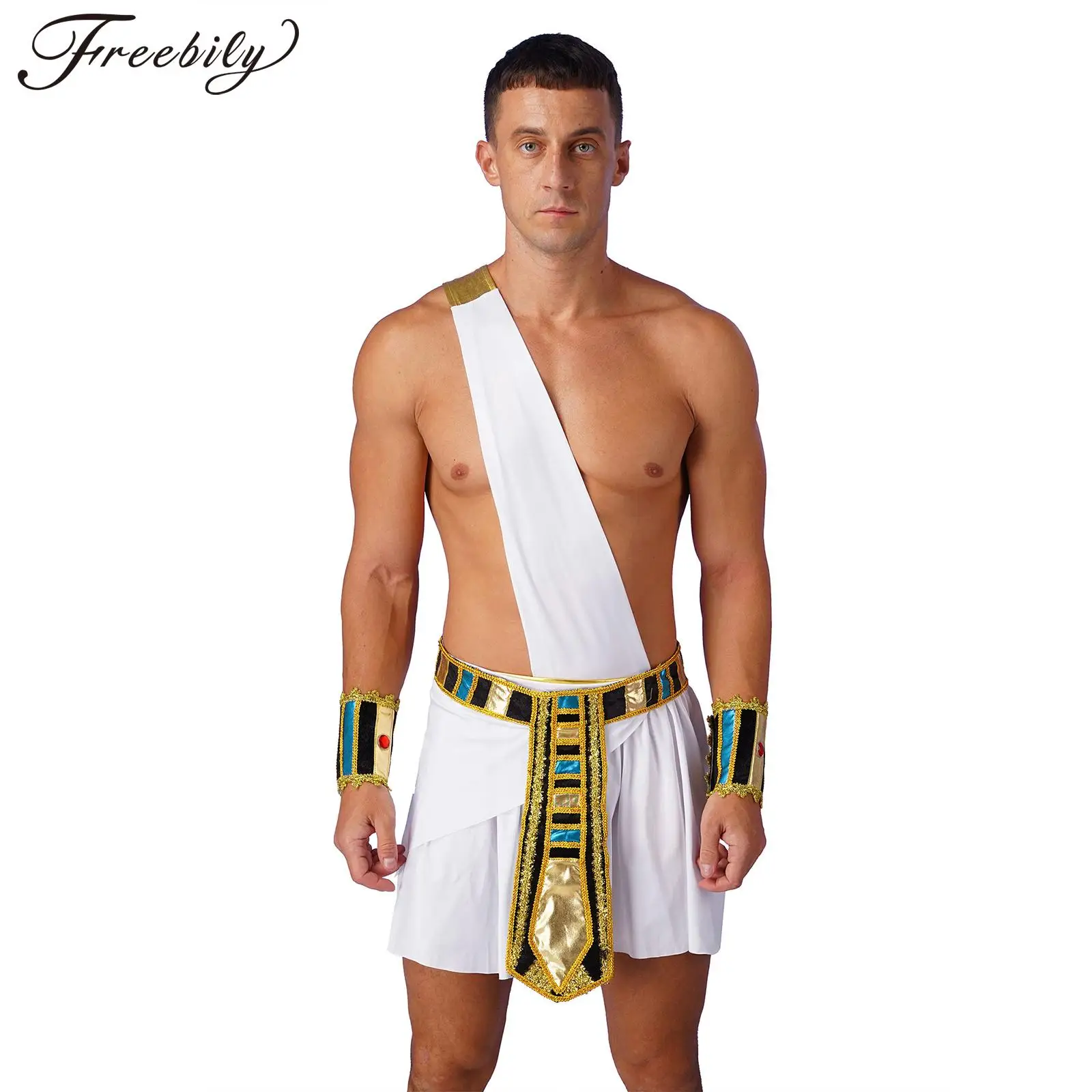 

Mens Halloween Egyptian Pharaoh King Cosplay Costume One Shoulder Skirt with Belt Wristbands Theme Party Egypt Role Play Clothes