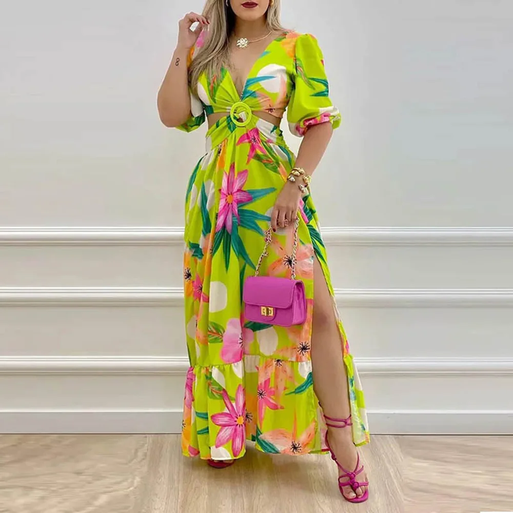 

Women Floral Print Dress V Neck Backless Side Split Loose Fit Long Maxi Robes Holiday Casual Clothing Streetwear Vestidos
