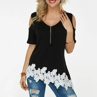 women lace patchwork blouse 2021 casual v neck zipper short sleeve holiday tops summer sexy off shoulder party female shirt