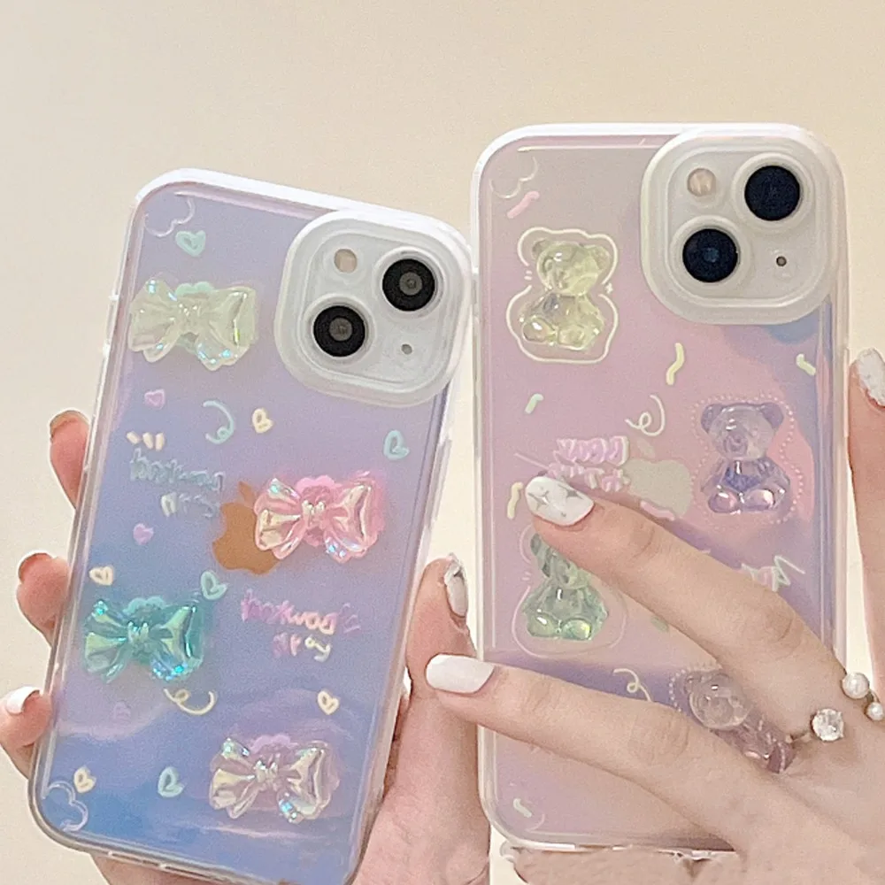 

INS лазерный 3D Лук Медведь телефонный чехол для iphone 13 pro max 12 11 XR XSMax X отражающий защитный чехол для iphoneXR Capa