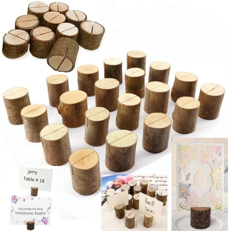 

5pcs Rustic Wedding Decoration Natural Wooden Place Card Holders Stand Card Photo Clip Holder Party Table Number Name Sign