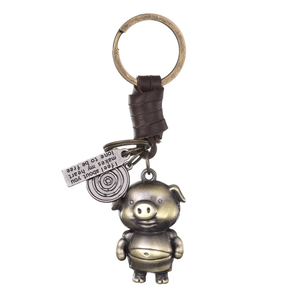 

Woven leather rope car key chain for men and women lovers Keychain alloy cartoon pig animal creative pendant