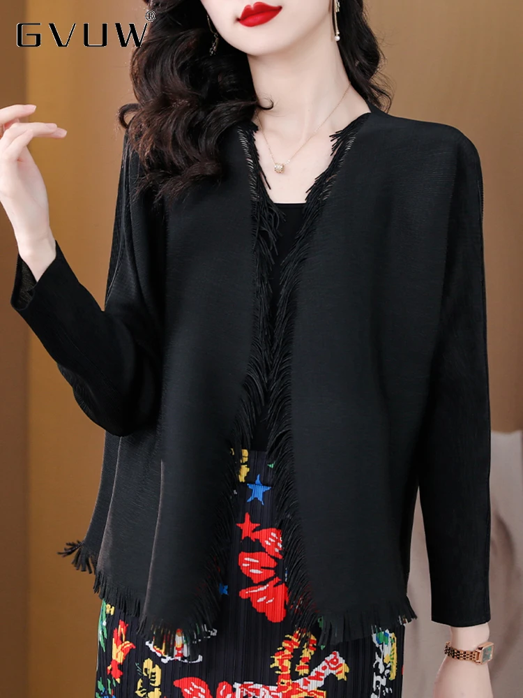 

GVUW 2023 Autumn Fashion Tassel Pleated Coat For Women Long Sleeve Open Stitch Solid Color Long Sleeve Female Casual Top 17J1363