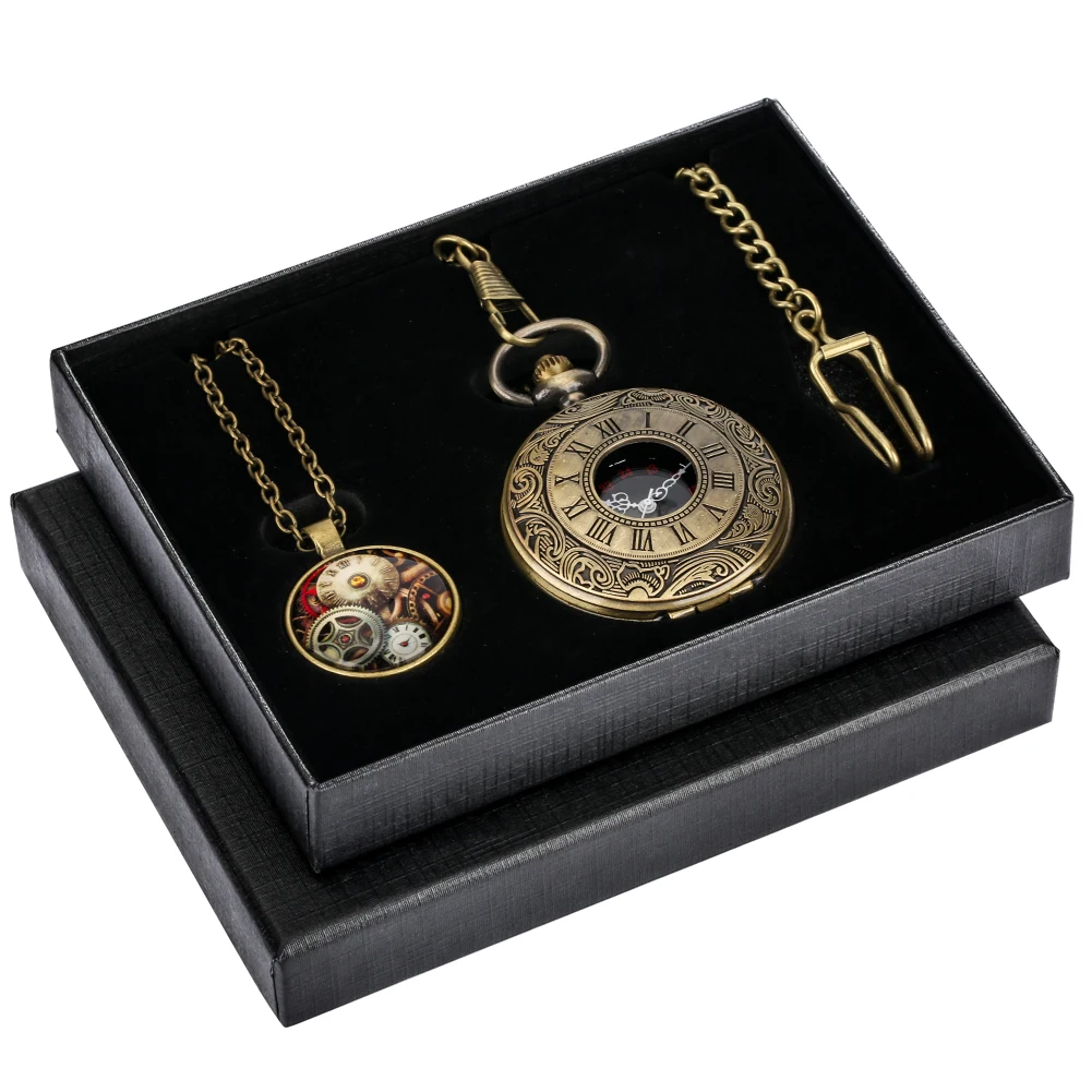 Steampunk Vintage Classic Roman Numerals Hollow Quartz Pocket Watch Sets Birthday Gifts for Men Retro Pendant Fob Chain Clock