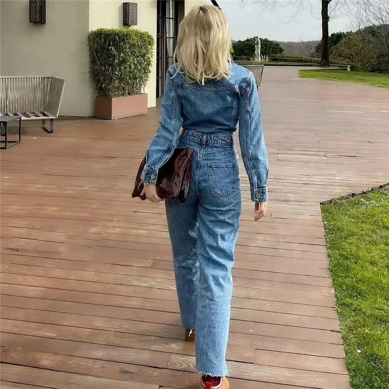 TRAF Blue Denim Jumpsuit Women Elegant Long Jumpsuits Woman 2023 Long Sleeve Jean Woman Jumpsuit Straight Leg Summer Overalls images - 6