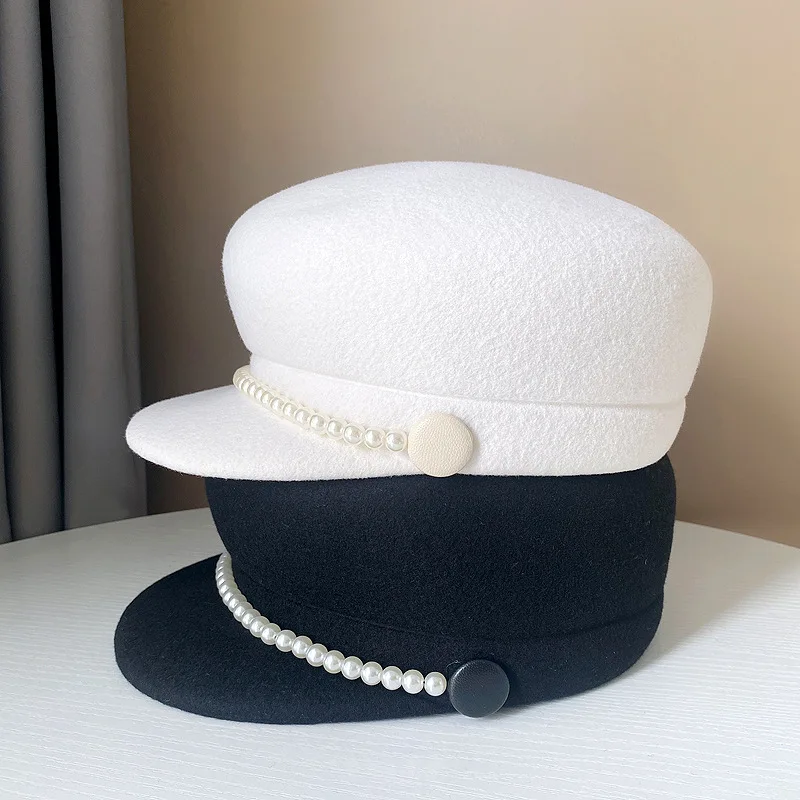 

202209-YY dropshipping winter wool felt pearl pu button lady Octagonal hat women visors cap wholesale