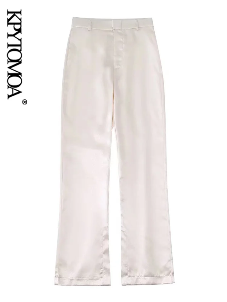 

KPYTOMOA Women Fashion With Side Vents Full Length Satin Pants Vintage High Waist Zipper Fly Female Trousers Mujer