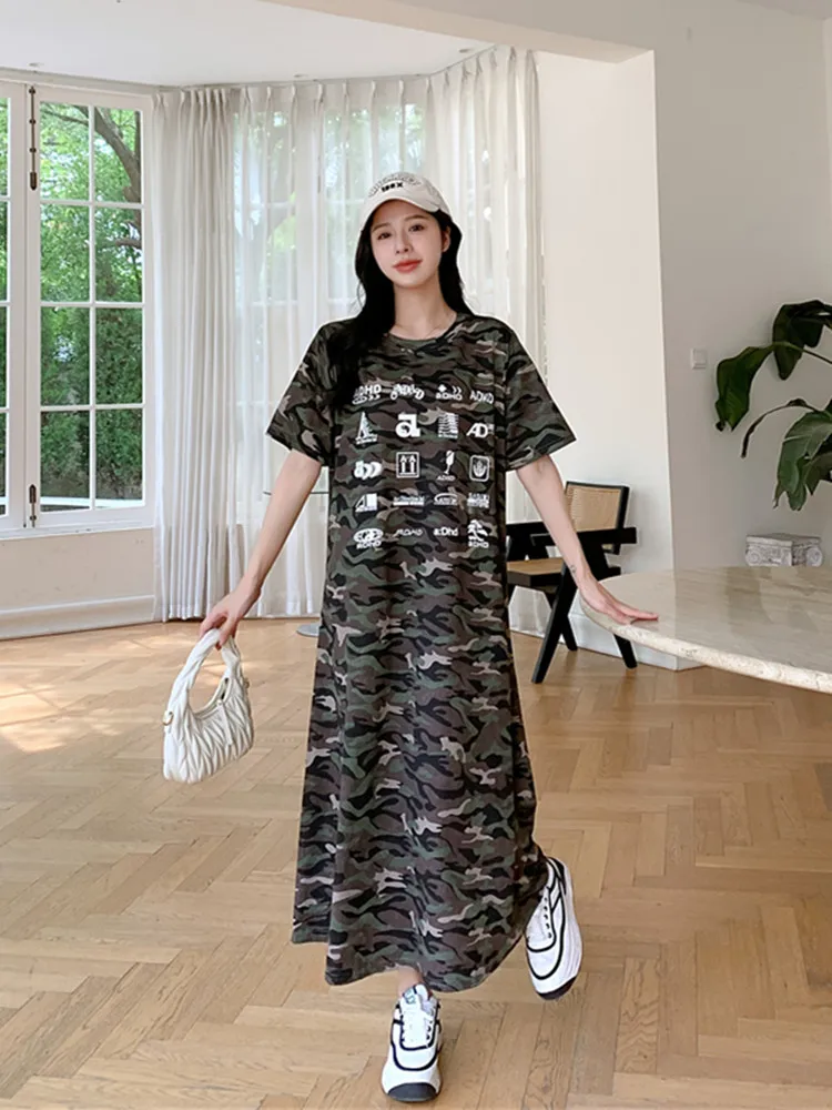

Женское длинное платье с камуфляжным принтом, хлопковое платье с коротким рукавом и широким подолом, большие размеры, лето 2023
