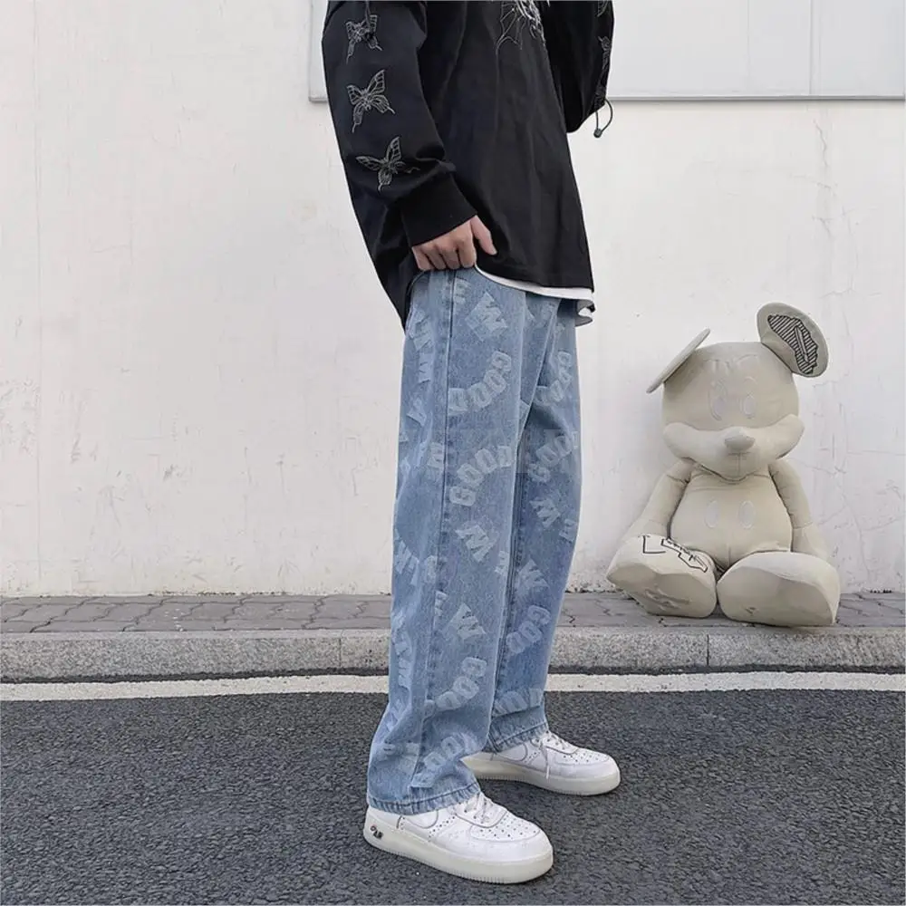 2023 Jacquard Blue Jeans Men's Loose Straight Leg Long Pants Streetwear Baggy Denim Clothing Graphic Streetwear Baggy Dirp Style