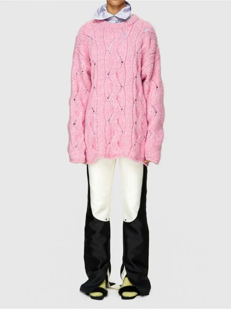 

Women Pink Twist Hollowed Out Wool Blended Sweater 2022 Winter New Ladies Sweet O-Neck Long Sleeve Mid-Length Pullover Tops