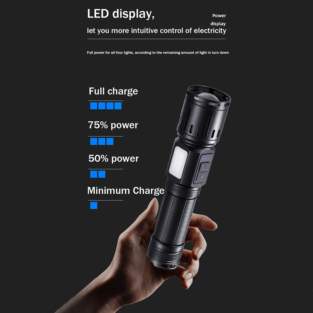 

Светодиодный фонарик на большие расстояния, 10 Вт, USB Type-C, перезаряжаемый портативный мощный светильник онарик, телескопический зум, для рабо...