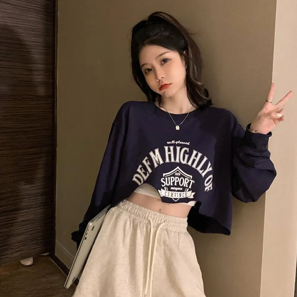 

Женские хлопковые рубашки с длинным рукавом, свободный свитер с асимметричным подолом и круглым вырезом с буквенным принтом, пуловер, корот...