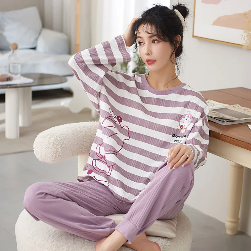 Fashion Homewear Cartoon Pajamas Set Women Sweet Stripe Print Full-Sleeve O-Neck New Pyjamas Clothes Big Size
