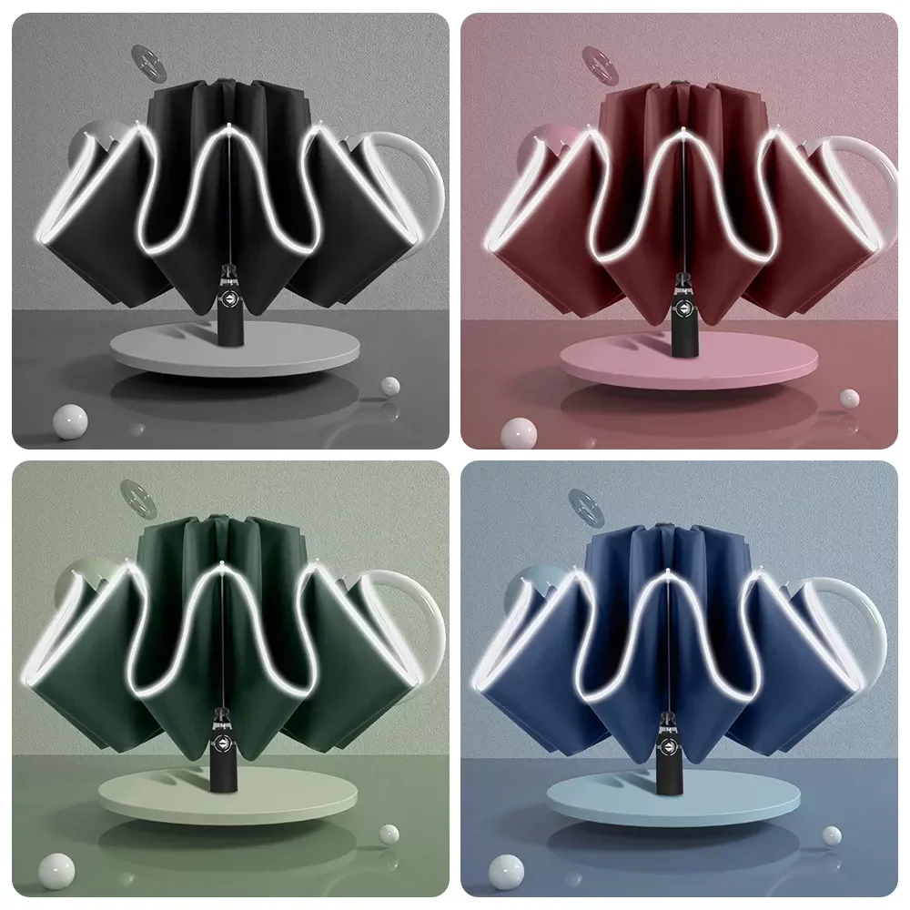 

Auto Open Close Light-emitting LED Reverse Umbrella Ten-bones Three-folding Automatic Business Umbrella with Light.