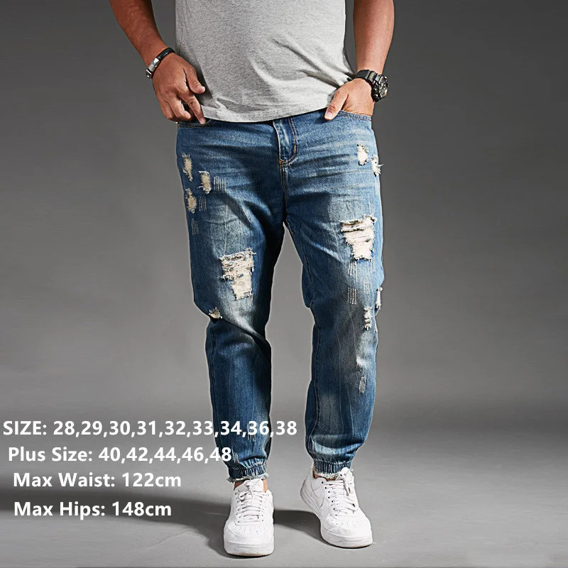 

Рваные джинсы для мужчин, синие, черные, джинсовые мужские джинсы, мужские шаровары в стиле хип-хоп, бриджи, модные мужские брюки для бега 44, 46...