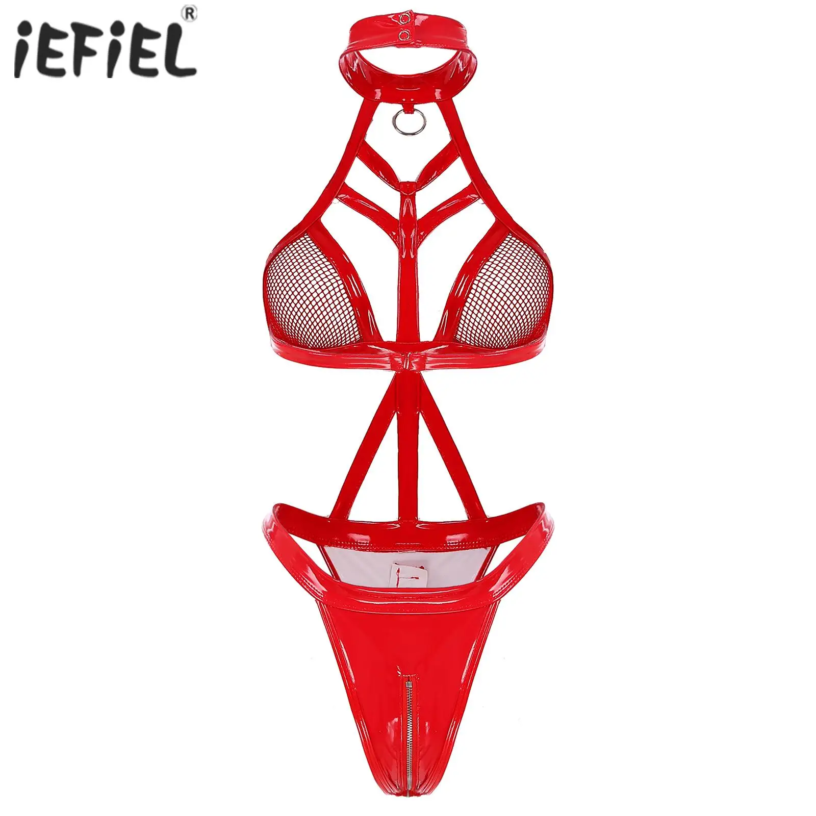 

Sexy Womens Fishnet Cups Zippered Crotch Bodysuit Wet Look Patent Leather Lingerie Halter Neck High Cut Thong Leotard Bodysuit