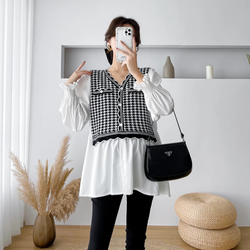 

586# 2023 Spring Korean Fashion Maternity Blouses Sweet Long Sleeve Patchwork Shirt A Line Loose Ins Pregnancy Tops Tunic OL