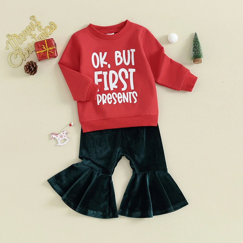 

Toddler Baby Girl Clothes Santa Baby Embroidery Christmas Sweatshirt Top Velvet Flare Pants Winter Bell Bottom Set