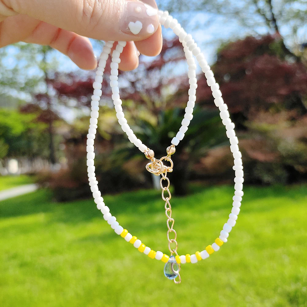 

Best Lady Minimalist Cassic Rice Bead Necklace Bracelet Fashion Colors Water Drop Stone Pendant Jewellery Set For Women Girl