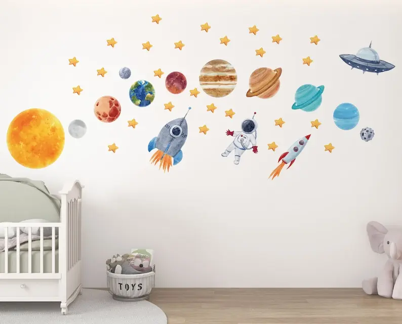 Детская Наклейка на стену космическая акварельная солнечная система солнце и