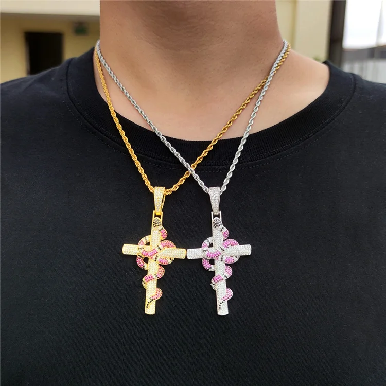 

Lucky European and American Retro snake colored copper zircon necklace personality cross hip hop pendant necklace