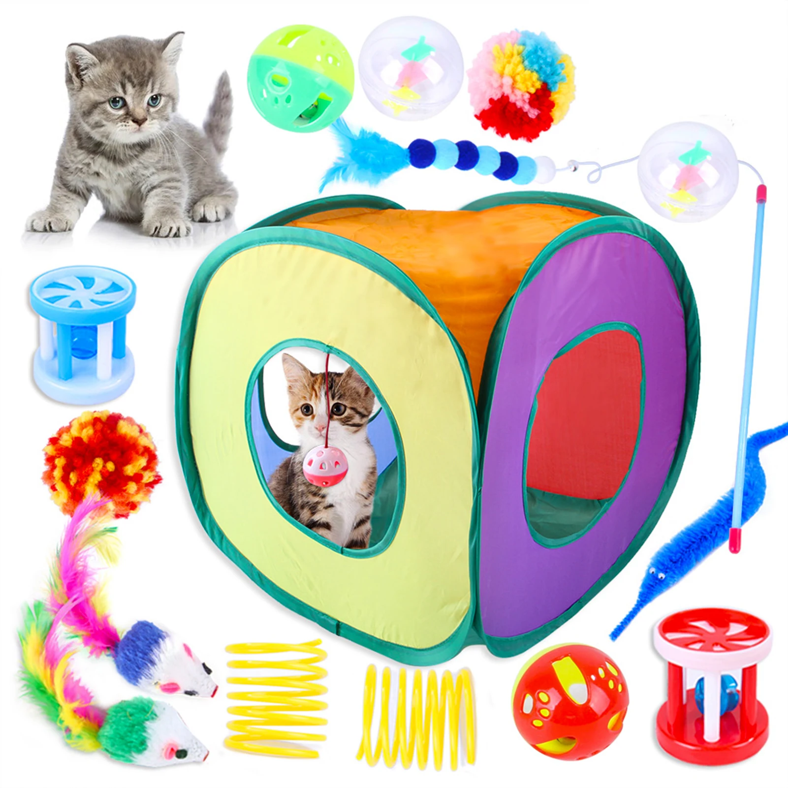 

Pets Cat Toys Kitten Toys Set Collapsible Cat Tunnels Cat Feather Teaser Wand Interactive Feather Toy Fluffy Mouse Crinkle Balls