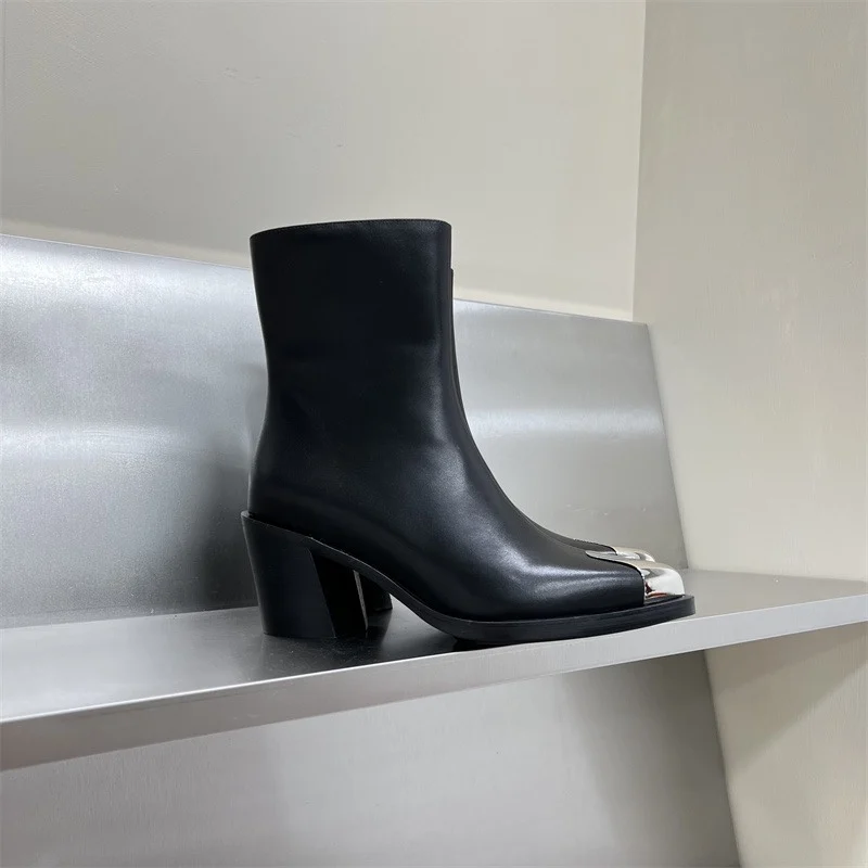 2022 New Metal Toe Thick Heel Short Boots Women's Leather Side Zipper High Heel All-match Boots