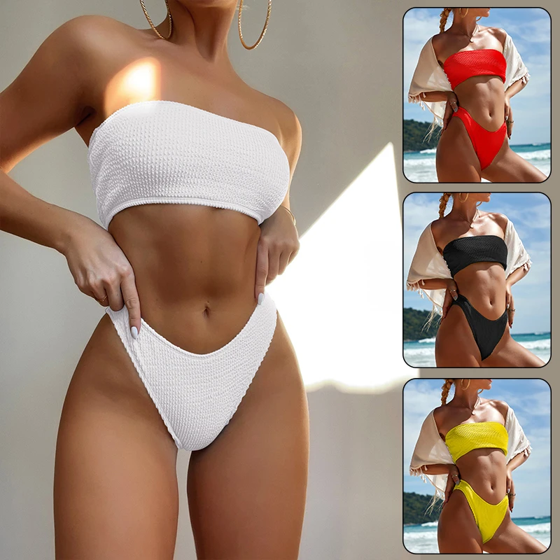 Сексуальный однотонный комплект бикини бандо с пуш-ап Женский Монокини