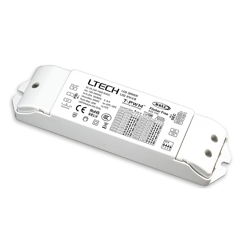 LTECH DALI CC Dimming Driver,20W 250-1000mA Constant Current DALI-2 DT6/DT8 Tunable White CCT LED Driver SE-20-250-1000-W2D2