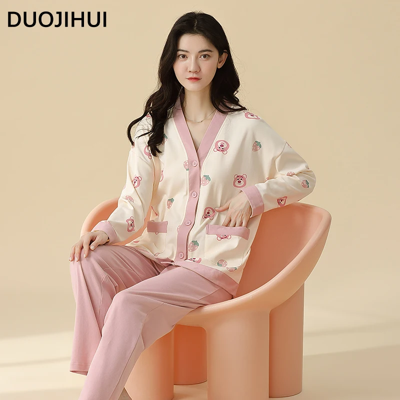 

DUOJIHUI Осенний кардиган с длинным рукавом повседневная домашняя пижама для женщин, новинка, базовые Простые Модные брюки, шикарный женский пижамный комплект с принтом