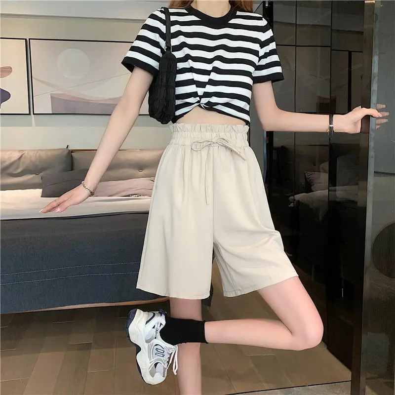 Summer Pleated Lacing Knee Length Pants Ladies Loose Versatile High Waist Solid Color Capris Casual Fashion Women Clothing