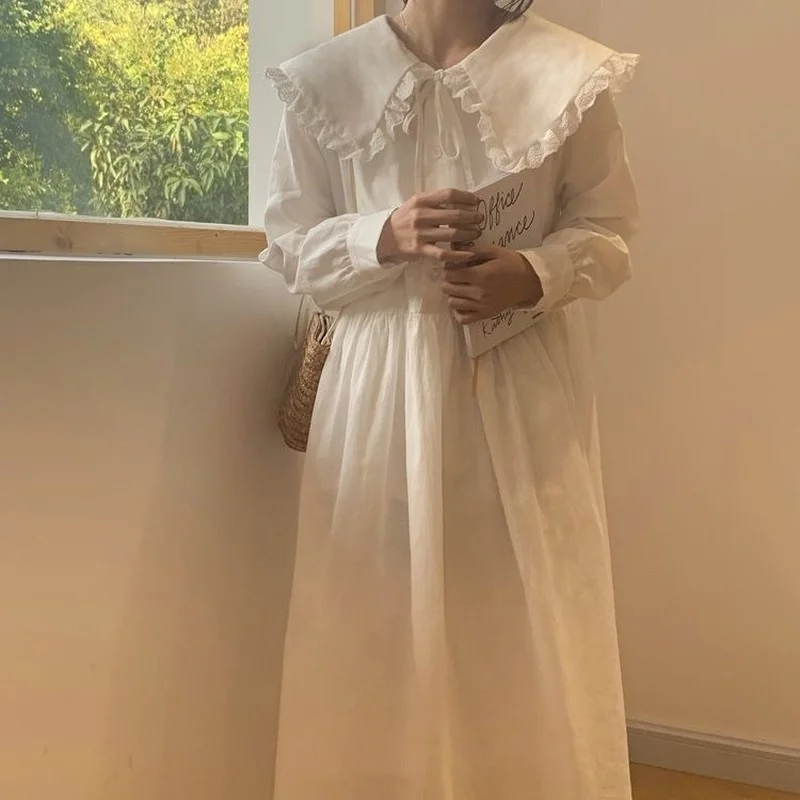 

White Dress Women Spring Long Sleev Fairy Peter Pan Collar Lace Elegant Solid Lovely maxi length Retro Chic Y2k Vintage Dress