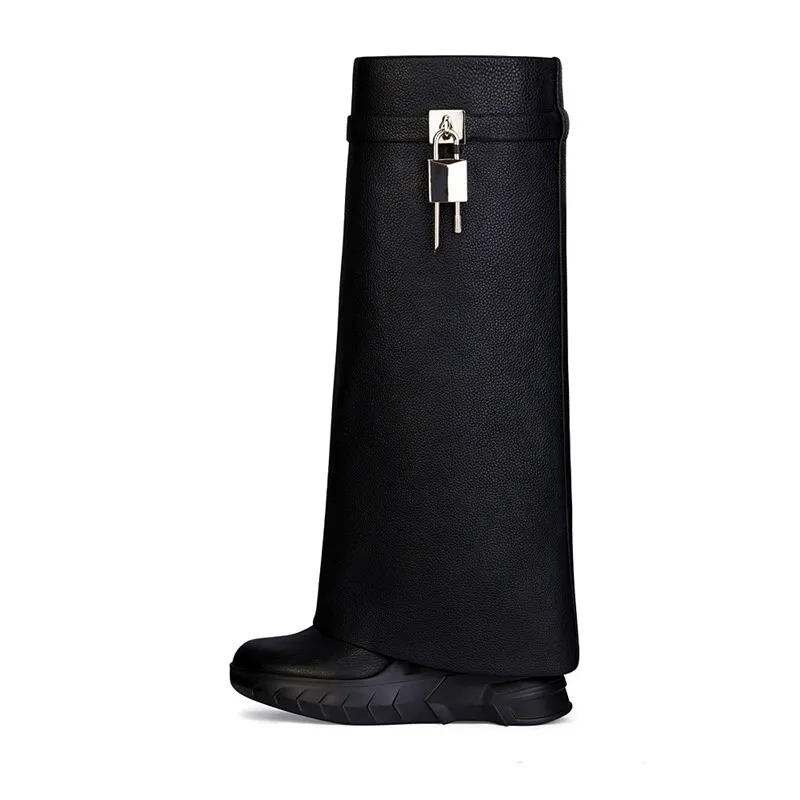 European and American New Thick Soled Leather Boots Women's Slope Heel High Heel Round Head High Shark Boots Knee High Boots