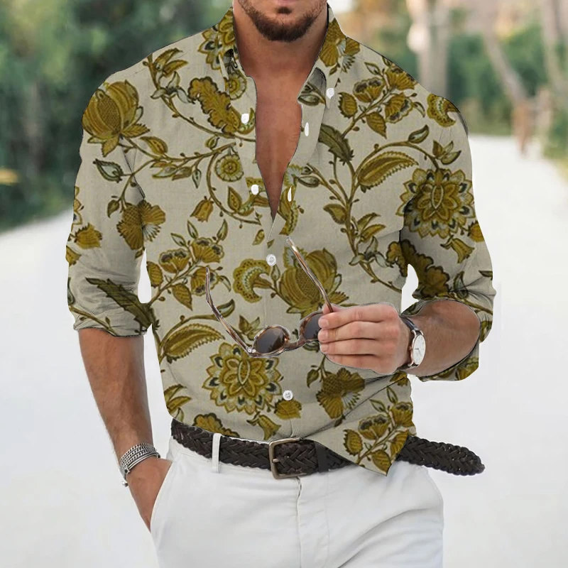 Spring and Autumn New Men's Slim Shirts Long Sleeve Floral Digital Printing Shirts Men's Social Men's Club Prom Shirt S-4XL