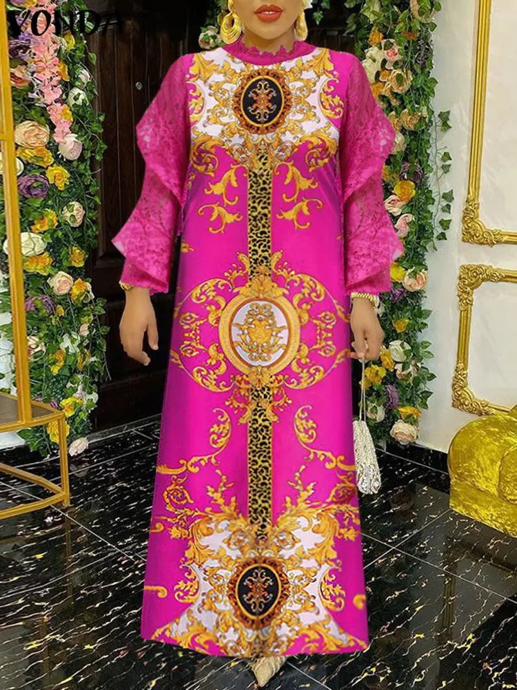 

VONDA Bohemian Summer Sundress 2023 Women Elegant Floral Printed Maxi Dress Long Sleeve Lace Ruffled Casual Loose Beach Vestidos