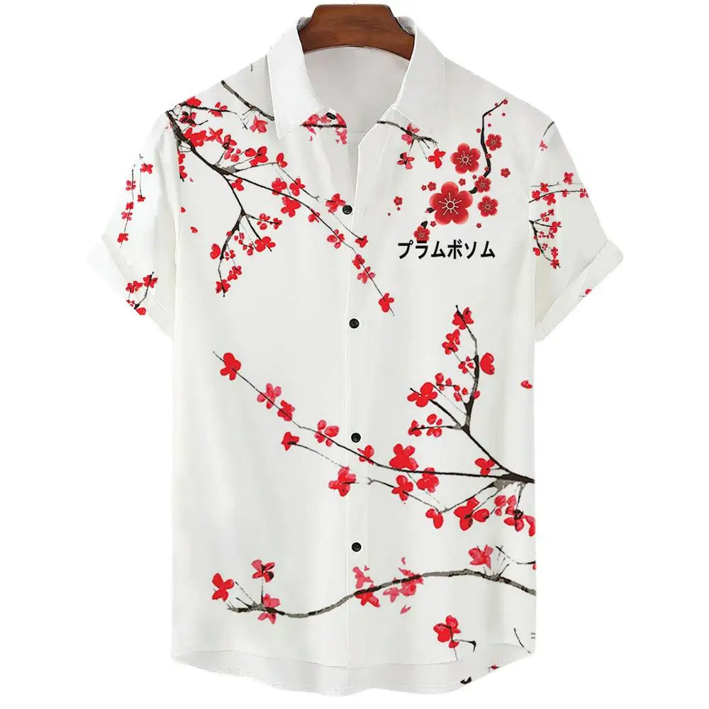 2023 Hawaii 3D Printed Plum Blossom Shirt Men's Loose Fitting Clothes Breathable Summer Shirt Street Casual Short Sleeved Vintag