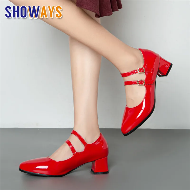 

Женские туфли-лодочки из лакированной кожи, красные туфли с круглым носком на среднем квадратном каблуке, офисные туфли с двумя ремешками, весна-осень