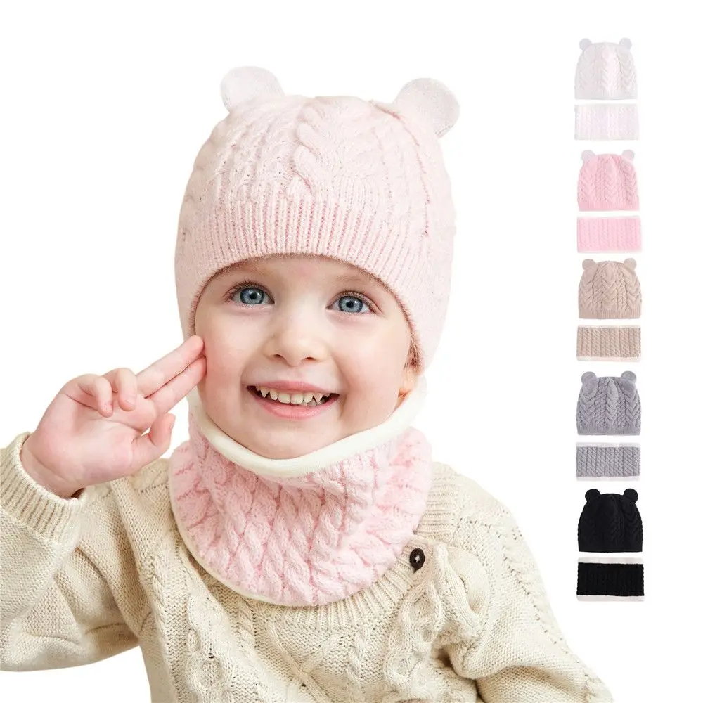 

Winter Windproof Thick Toddler Baby Beanie Cap Hat Scarf Set Warm Kids Knitted HatFor 0-3 Years Old