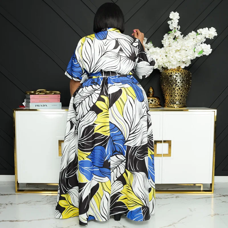 2022  Fall New Fashion  Plus Size Dress 5xl Printed Long Lapel Button Casual Two Wear Plus Size Women Dresses Bulk Direct Sales