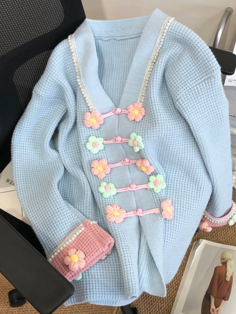 

Fall V-neck Soft Sweater Loose Rhinestone Knitted Cardigan Coat Candy Color Three-Dimensional Flower Buckle Sweater Women's