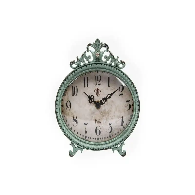 

Exquisitely Crafted Distressed Aqua 2" x 6.25" Antique Style Pewter Mantel Clock - Timeless Elegance, Graceful Charm and Dazzlin