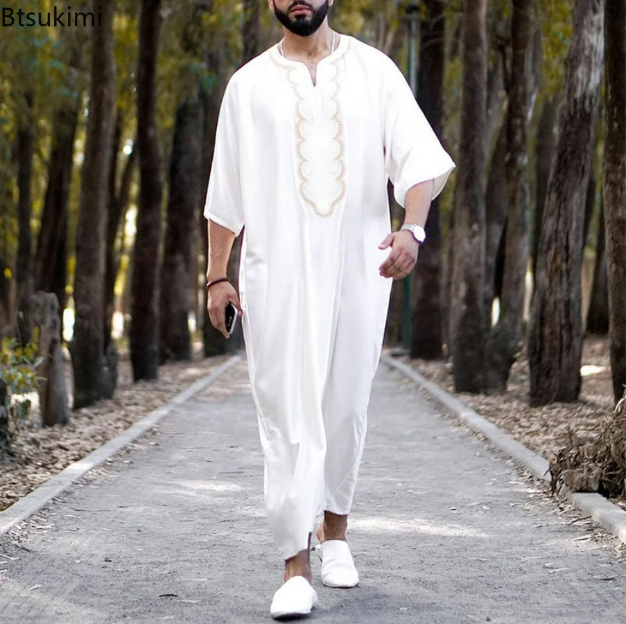Muslim Fashion Vintage Loose Kaftan Robes Men Long Sleeve Fashion Jubba Thobe Man Leisure Solid Pattern Islamic Clothing Abayas