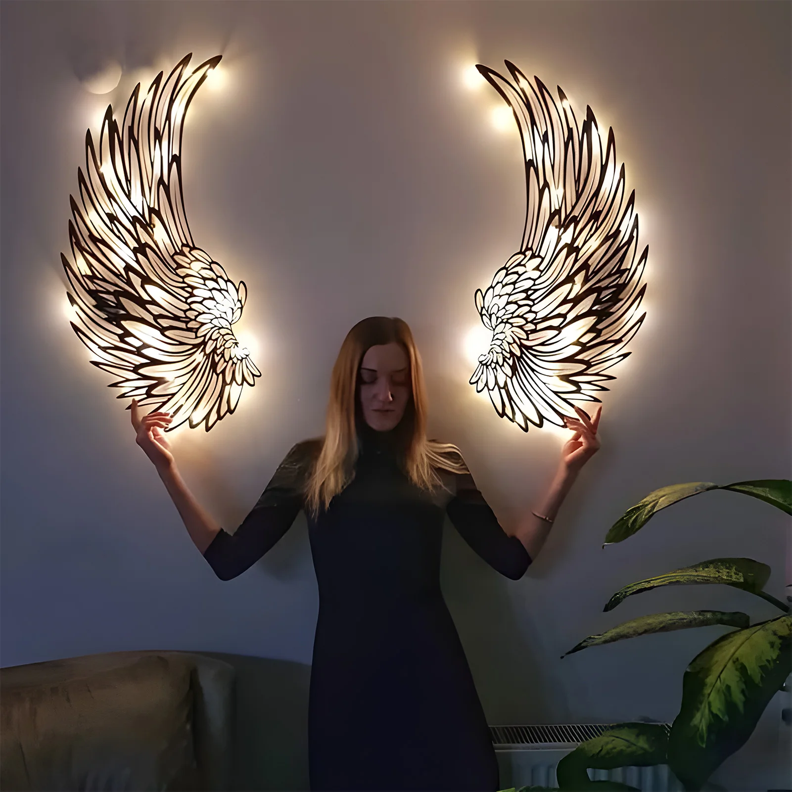 

Angel Wings Wall Sculpture Simple And Rustic Anti-Rust White & Black Iron Home Decoration With LED Light