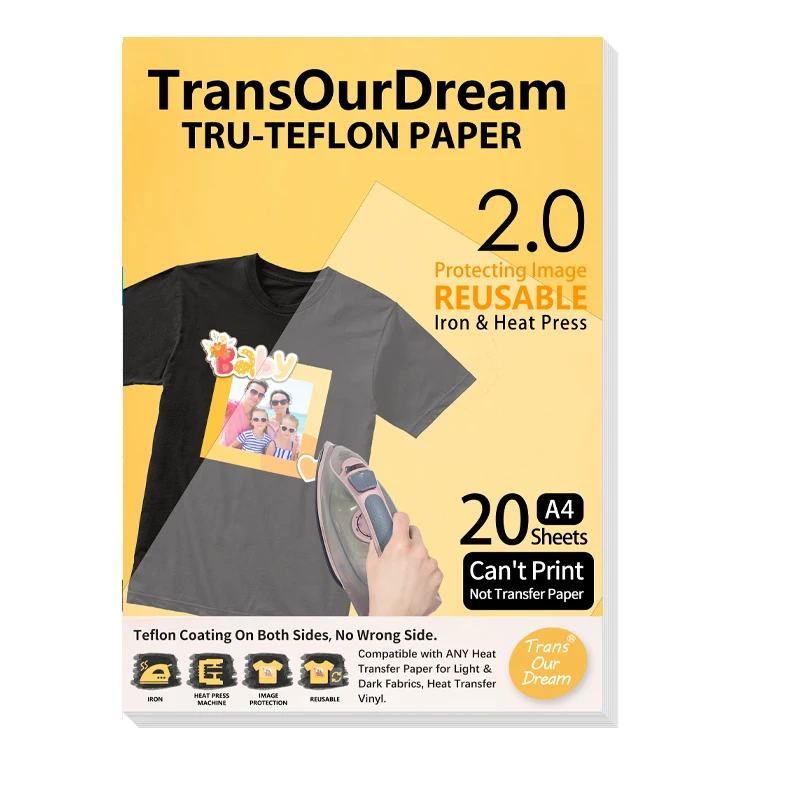 

TransOurDream Matt Teflon Paper for T Shirt Heat Transfer (20 Sheets, A4 Size) Teflon Sheets for Heat Press Machine