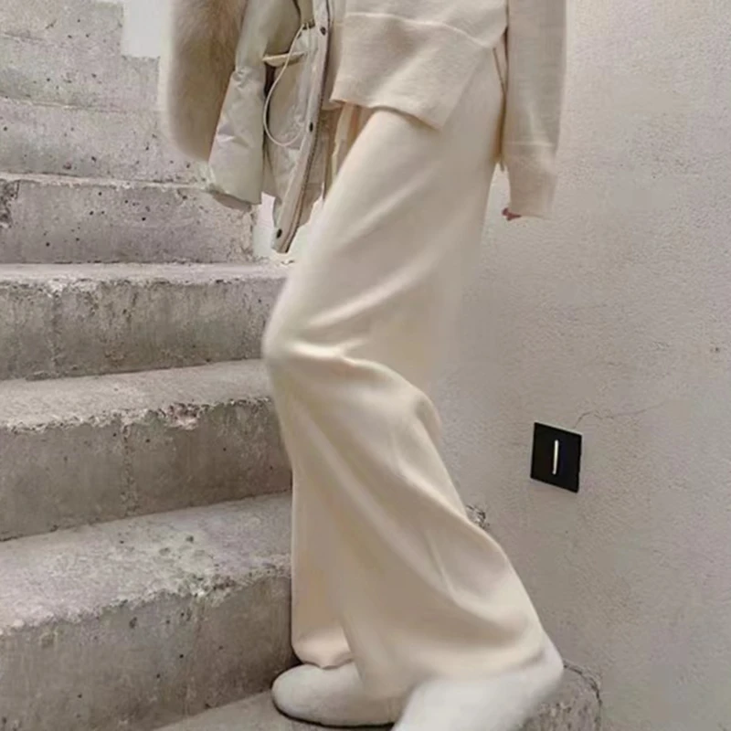 

Women's Knitted Pant Warm Thick Wide Leg Pants Winter Trousers Solid Color Lace-up Elastic High Waist Slim Fit Straight Leg Pant