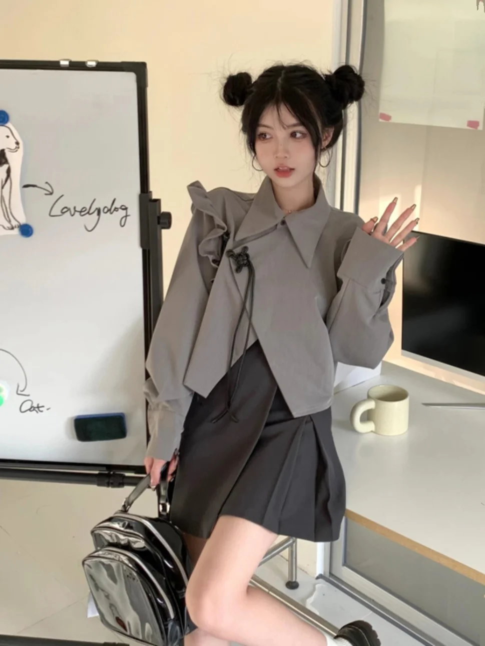 Женская рубашка с длинным рукавом серая Готическая блузка в китайском стиле