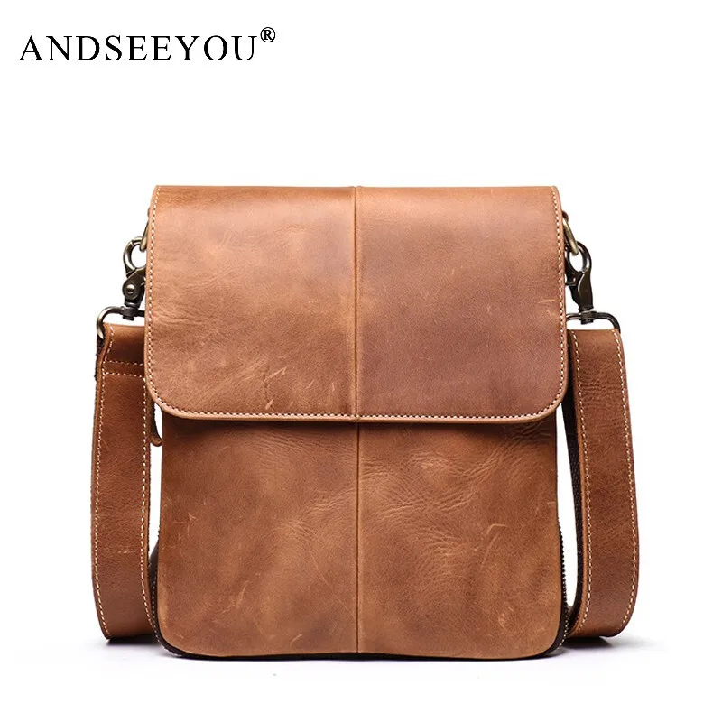 

Andseeyou Brand Retro New First Layer Cowhide Men's Shoulder Bag Crazy Horse Leather Casual All-Match Messenger Bag Genuine Leat