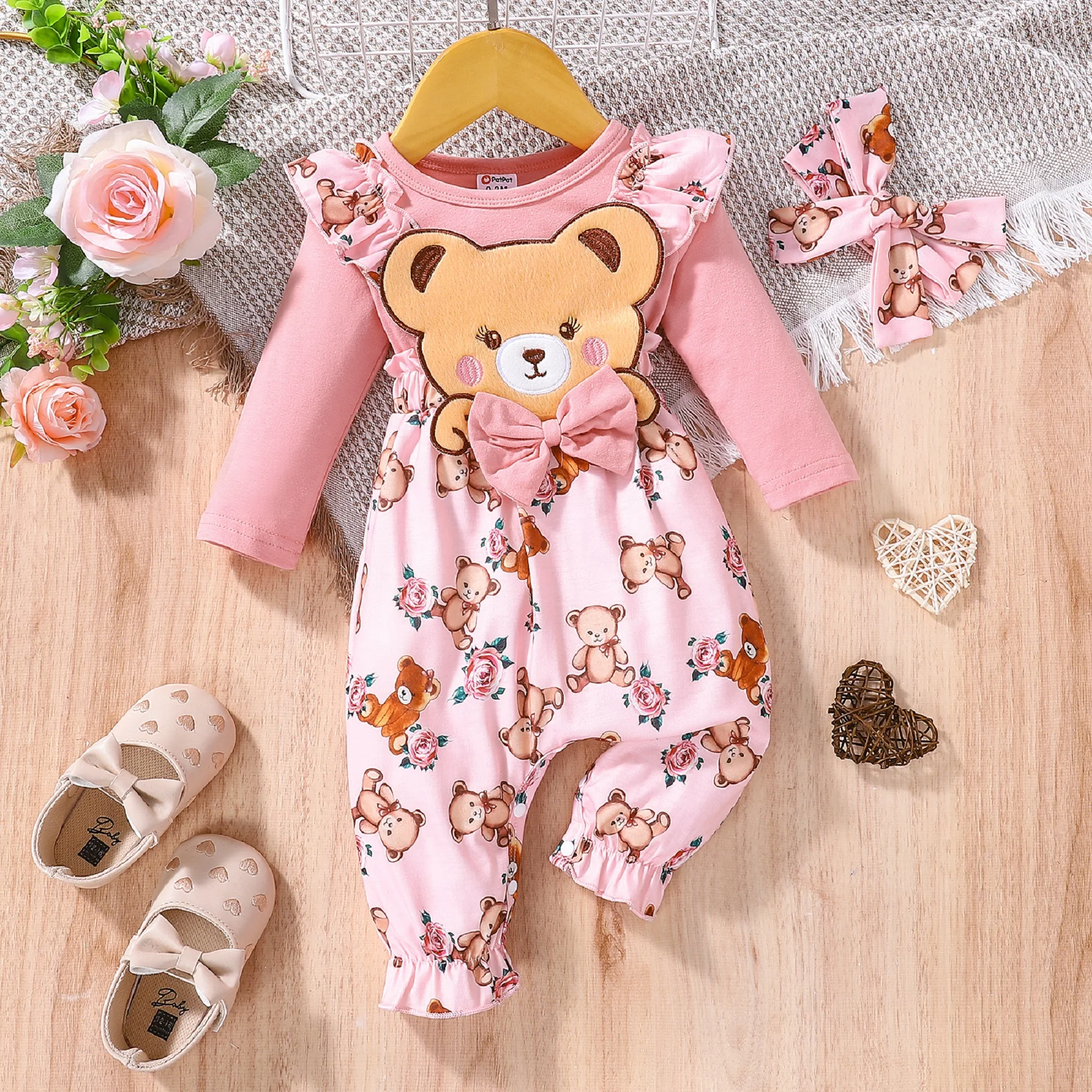 PatPat 2pcs Baby Girl Clothes For Newborn Baby Jumpsuit Long-sleeve Cartoon Bear Print Pink Bow Ruffle Headband Set Cute Romper
