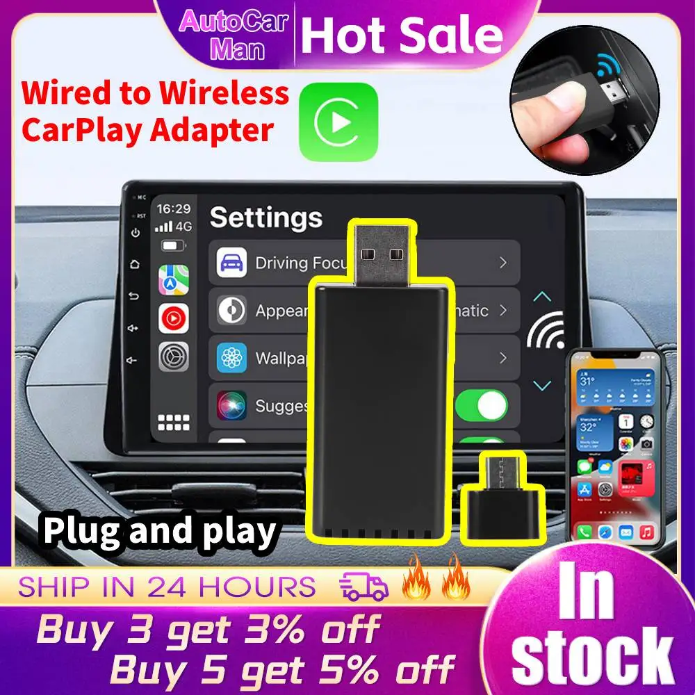 

Беспроводной адаптер CarPlay, портативный Проводной и беспроводной адаптер Carplay, USB адаптер Plug and Play, совместимый с Bluetooth, автомобильный аксессуар